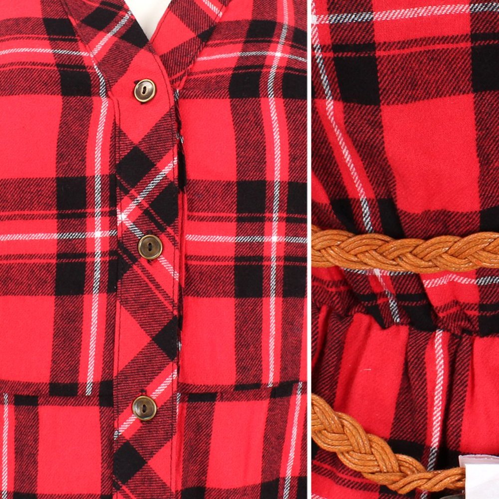 Plaid Button Up Shirt Dress with Belt Red Black - Picture 3 of 9
